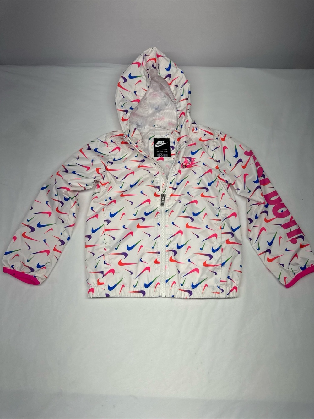 Nike White Hooded Jacket with Multi-Color Swoosh Print